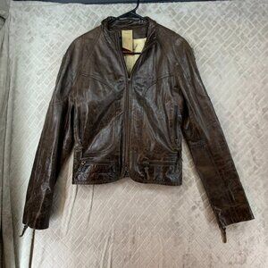Domo Womens M Leather Jacket Brown Short Moto Biker Cotton Lined Grunge Rock